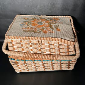 1960's Penney's Wicker Sewing Basket with Various Sewing Materials