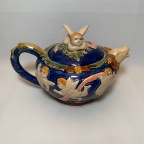 Vintage Majolica Cherub Teapot Henrickson Imports