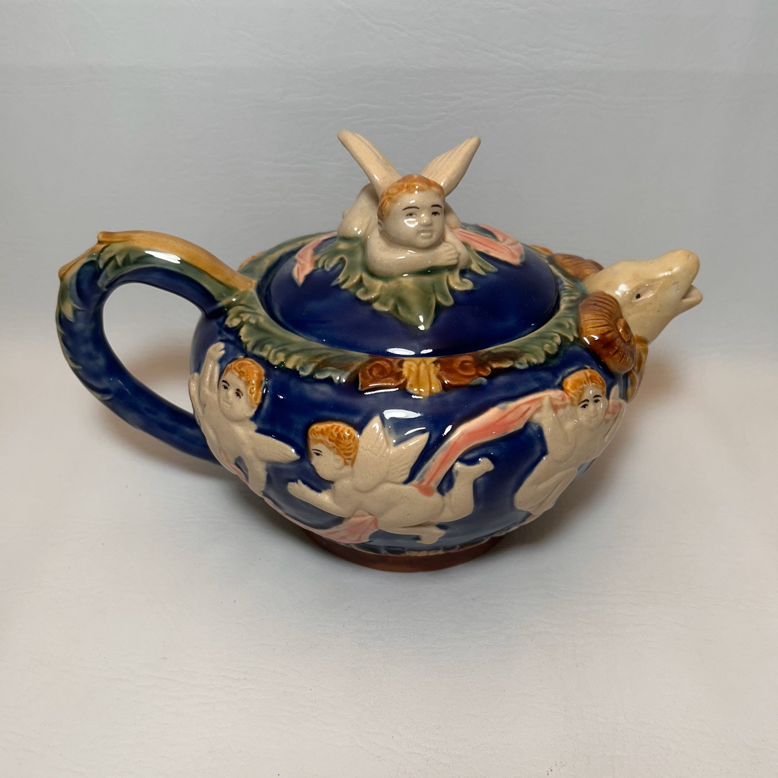 Vintage Majolica Cherub Teapot Henrickson Imports: W10.5in H7.5in D7in