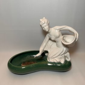 Vintage Royal Haeger Lady in the Garden Planter Dish & Vase with Flower Frog