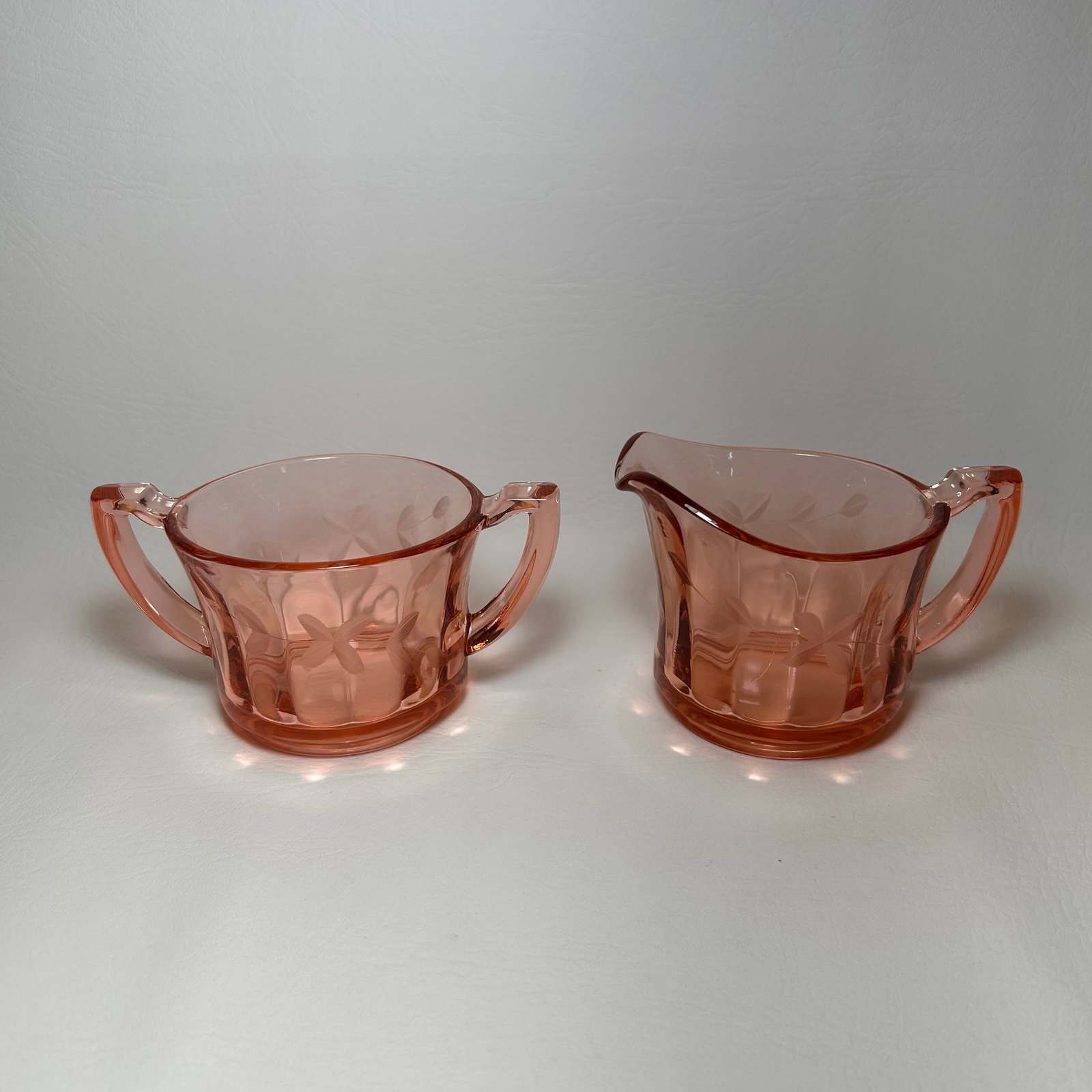 Vintage Pink Pressed Depression Glass Cream & Sugar, Etched Vine and Flower Design: Cream: W5in H3.5in D3.5in, Sugar: W6in H3in