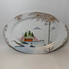 Midcentury Vintage Kutani Handpainted Japanese Porcelain Plate ft Beachside House and Mountain Tops
