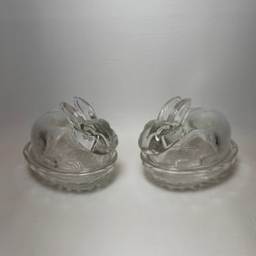 Vintage Clear Glass Bunny on Basket Trinket Candy Dish Pair