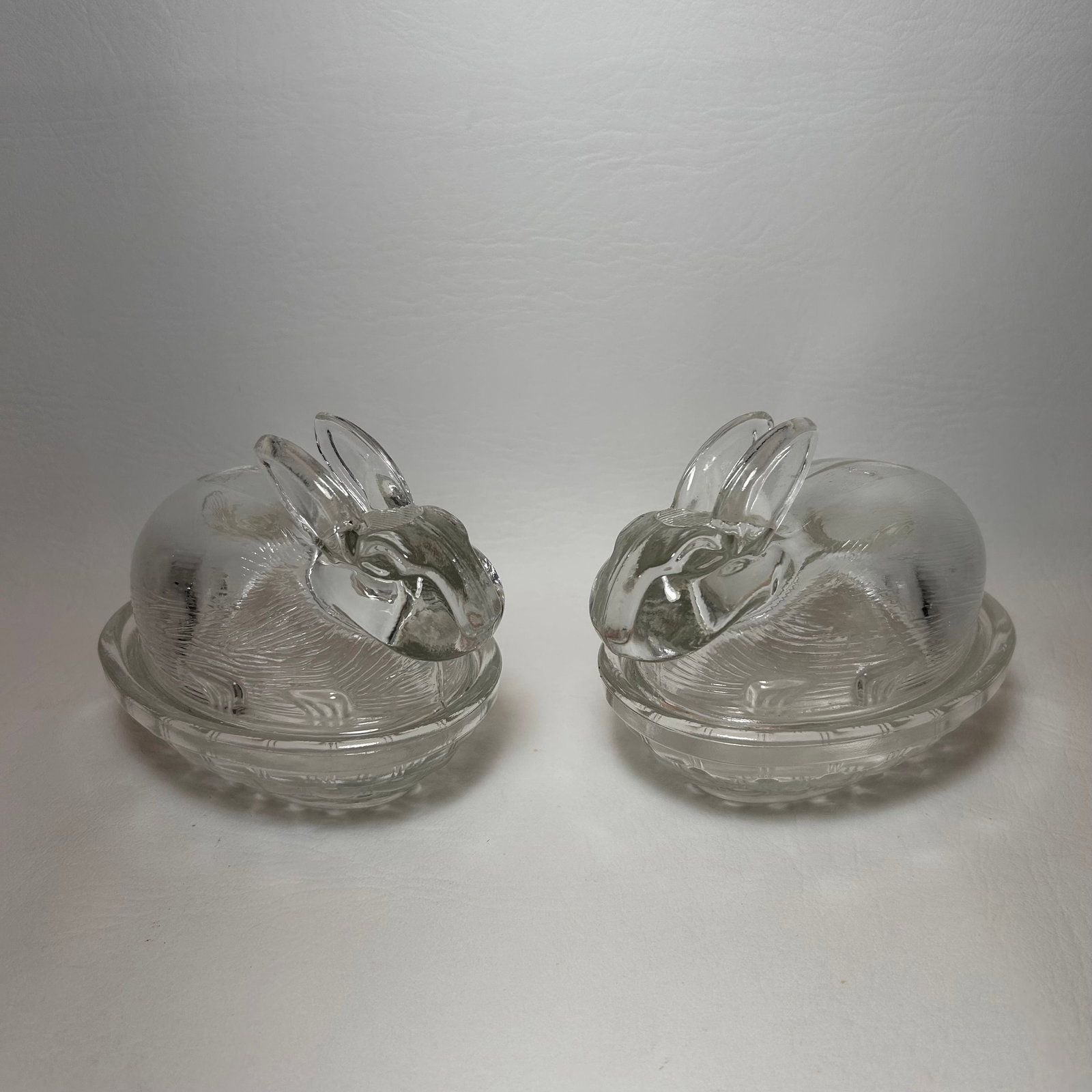 Vintage Clear Glass Bunny on Basket Trinket Candy Dish Pair: 1: W3.5in H4in D4.5in