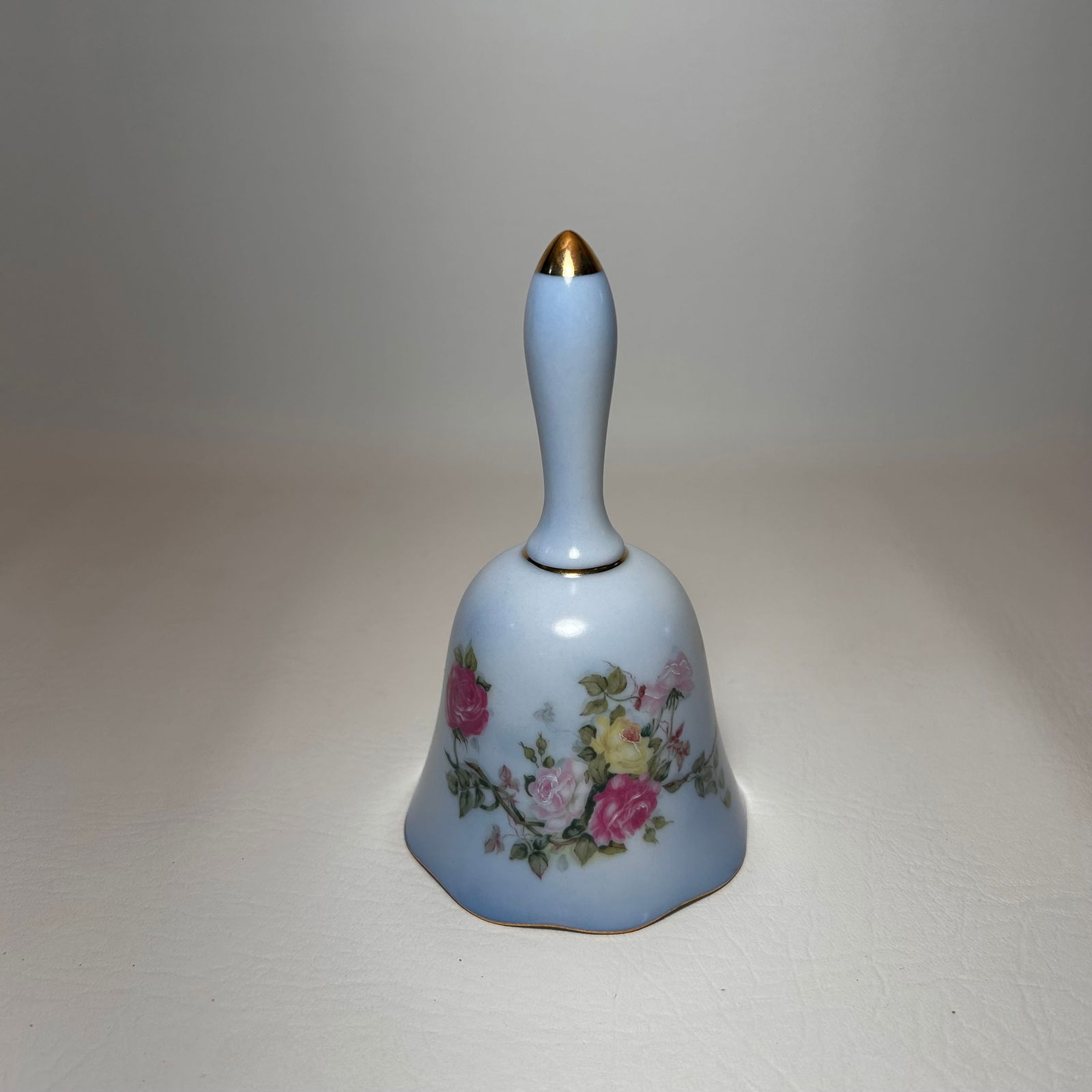 Vintage Nippon Replica Blue Ceramic Bell with Roses and Gold Accent: W3in H5.5
