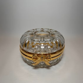Vintage Glass Flip Top Trinket Dish with Gold Rim Vanity Box bow Accent Candy Dish
