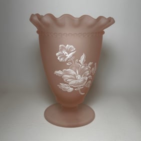 Westmoreland Pink Frosted Glass Vase with White Flowers Princess Style MCM