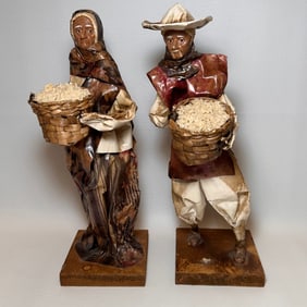 Vintage Mexican Folk Art Couple Paper Mache Old Man and Woman Carrying Rice