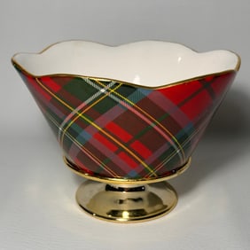 Vintage Teleflora Ceramic Pedestal Dish with Gold and Red Tartan Plaid Pattern