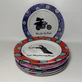 Funny Nun Dessert Plate Set of 7 Jill Seale Santa Barabra