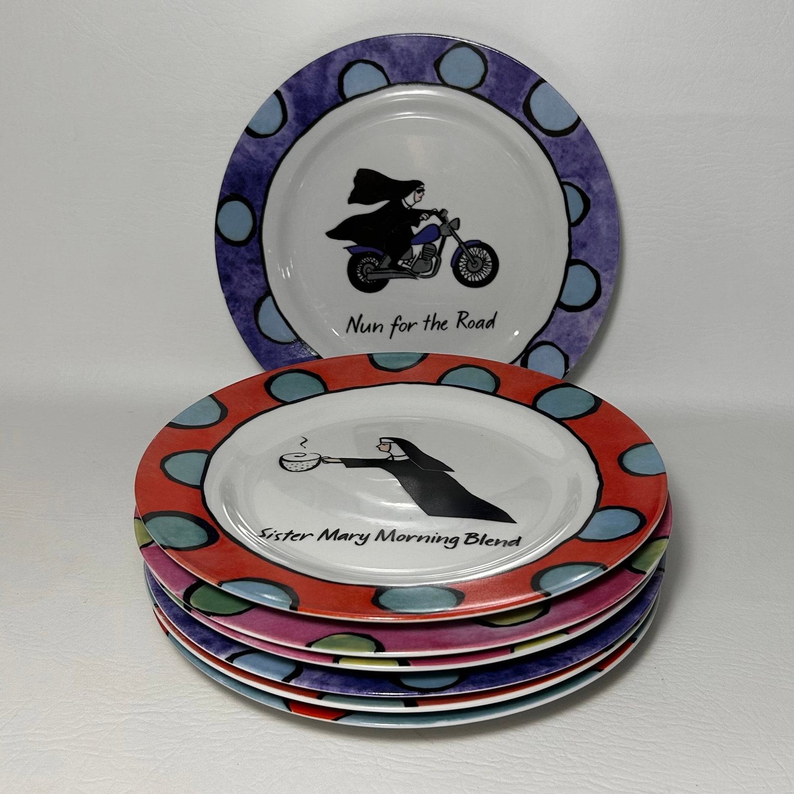 Funny Nun Dessert Plate Set of 7 Jill Seale Santa Barabra: (all) W8.75in H3.25in
