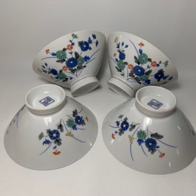 Vintage Japanese Rice Bowl Set of 4 Arita Chawan Blue Floral Pattern