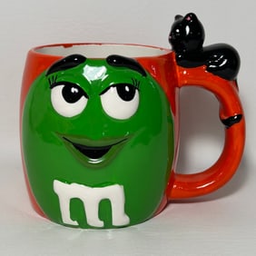 Novelty Green M&M Large Oversized Coffee Mug Halloween 2003 with Black Cat on Handle