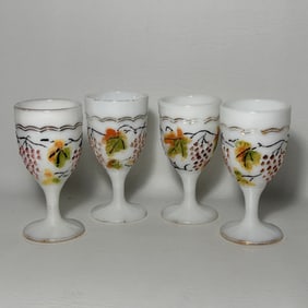 Vintage Imperial Milk Glass Wine Glasses Hand Painted Grape Pattern