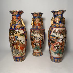 Vintage Satsuma Hand Painted Vases Highly Decorated Set of 3