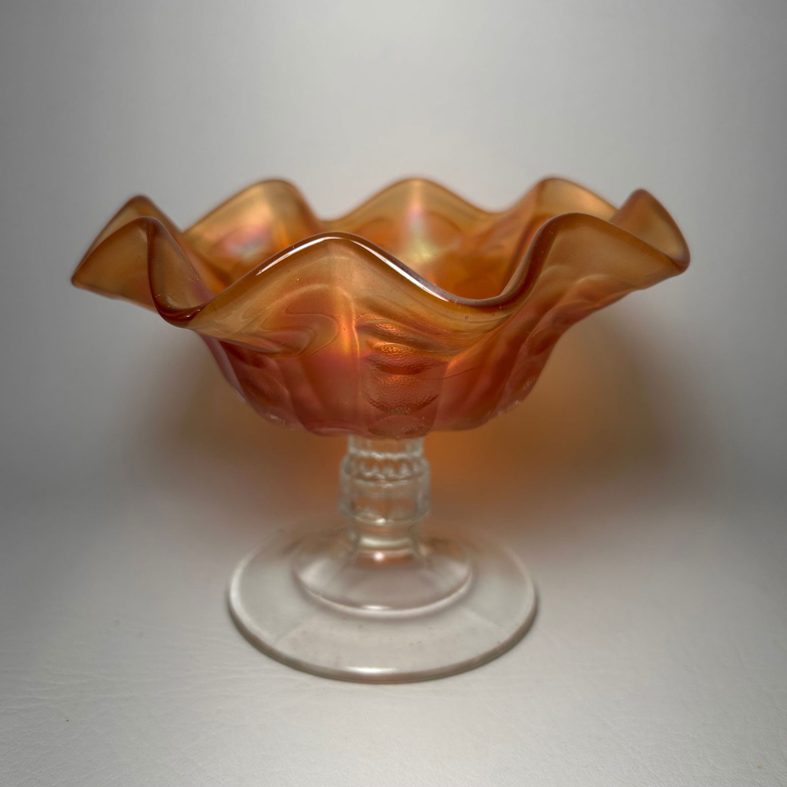 Dugan Marigold Carnival Glass Compote Dish Ruffled Edge (1 of 4)