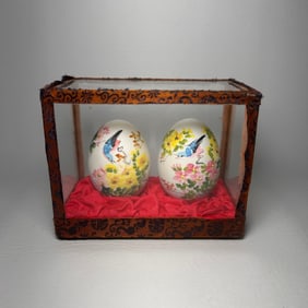 Vintage Chinese Hand Painted Egg Pair in Glass Case with Silk