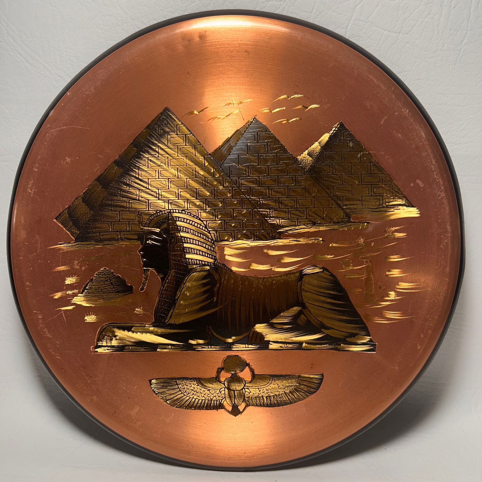 Vintage Egyptian Pyramid & Sphinx Copper Wall Plate: W7.5in H.5in