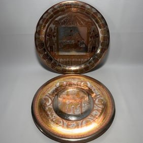 Vintage Hand Etched Egyptian Motif Mixed Metal Wall Plate Pair