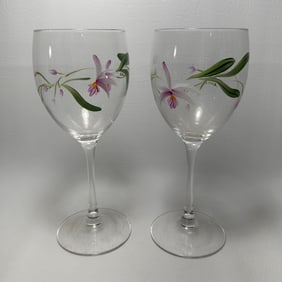 Lenox Inspired Hand Painted Floral Wine Glass Pair, signed J.Beck
