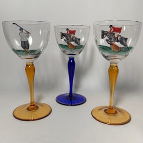 Amber and Blue Glass Hand Painted Coupe Glasses Set of 3