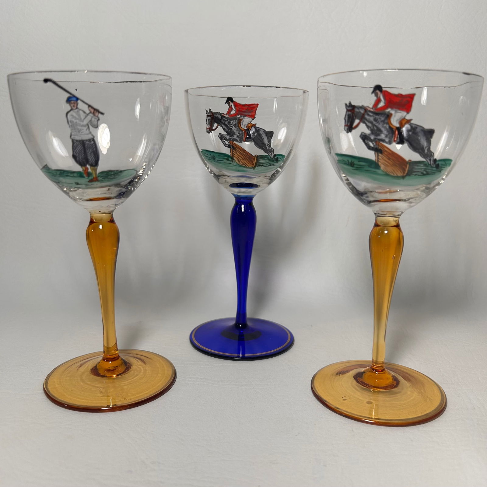 Amber and Blue Glass Hand Painted Coupe Glasses Set of 3 (1 of 4)