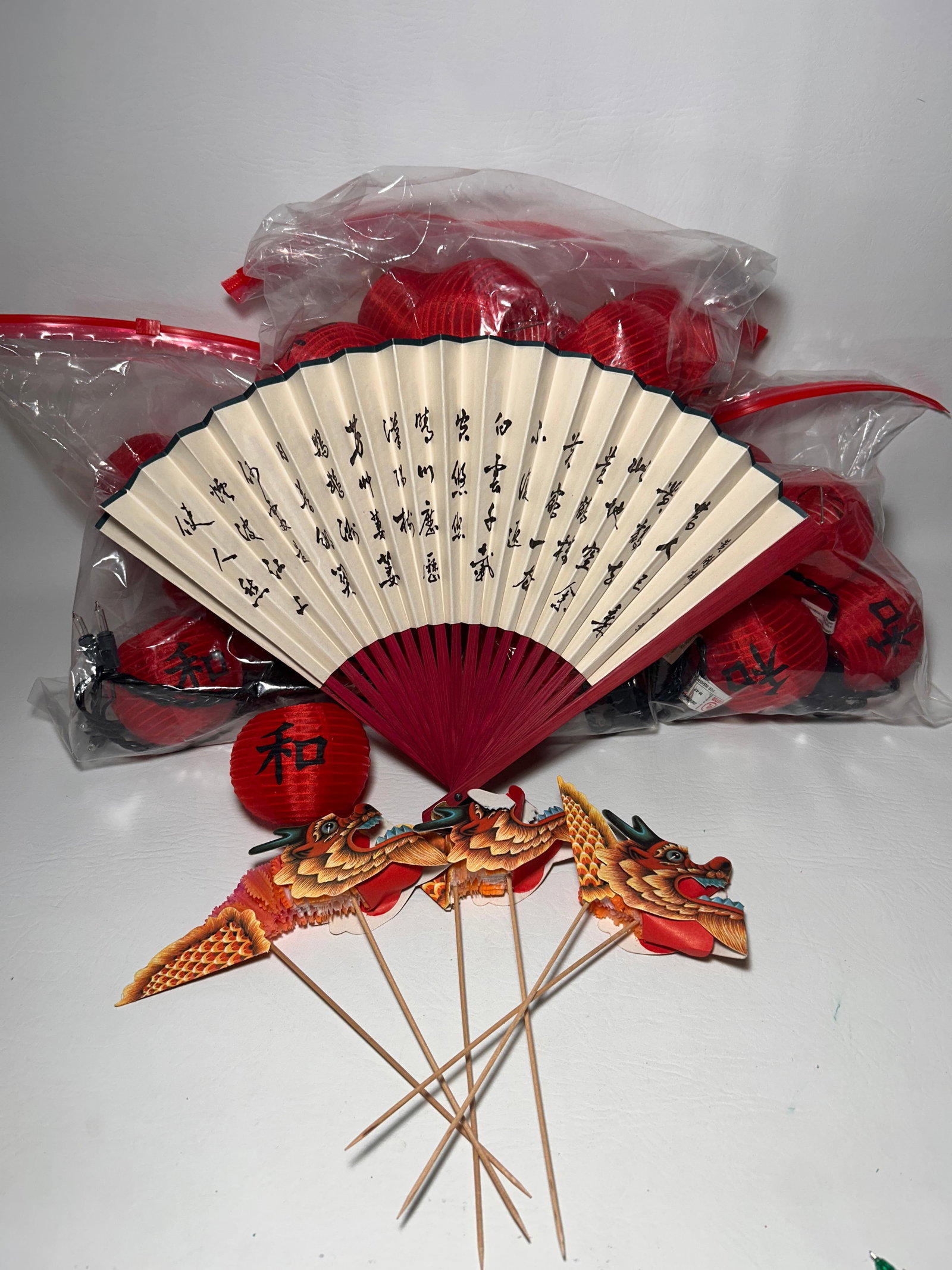 Oriental Party Decor, includes 3 Sets of 10 Red Lantern Lights: Measurements available upon request