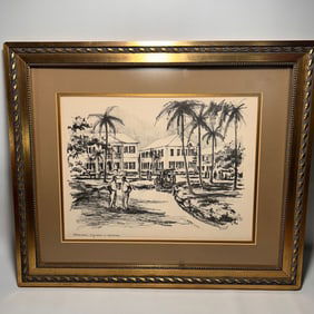 Vintage Framed Charcoal Lithograph by P. Sigal of Rawson Square in Nassau, Bahamas