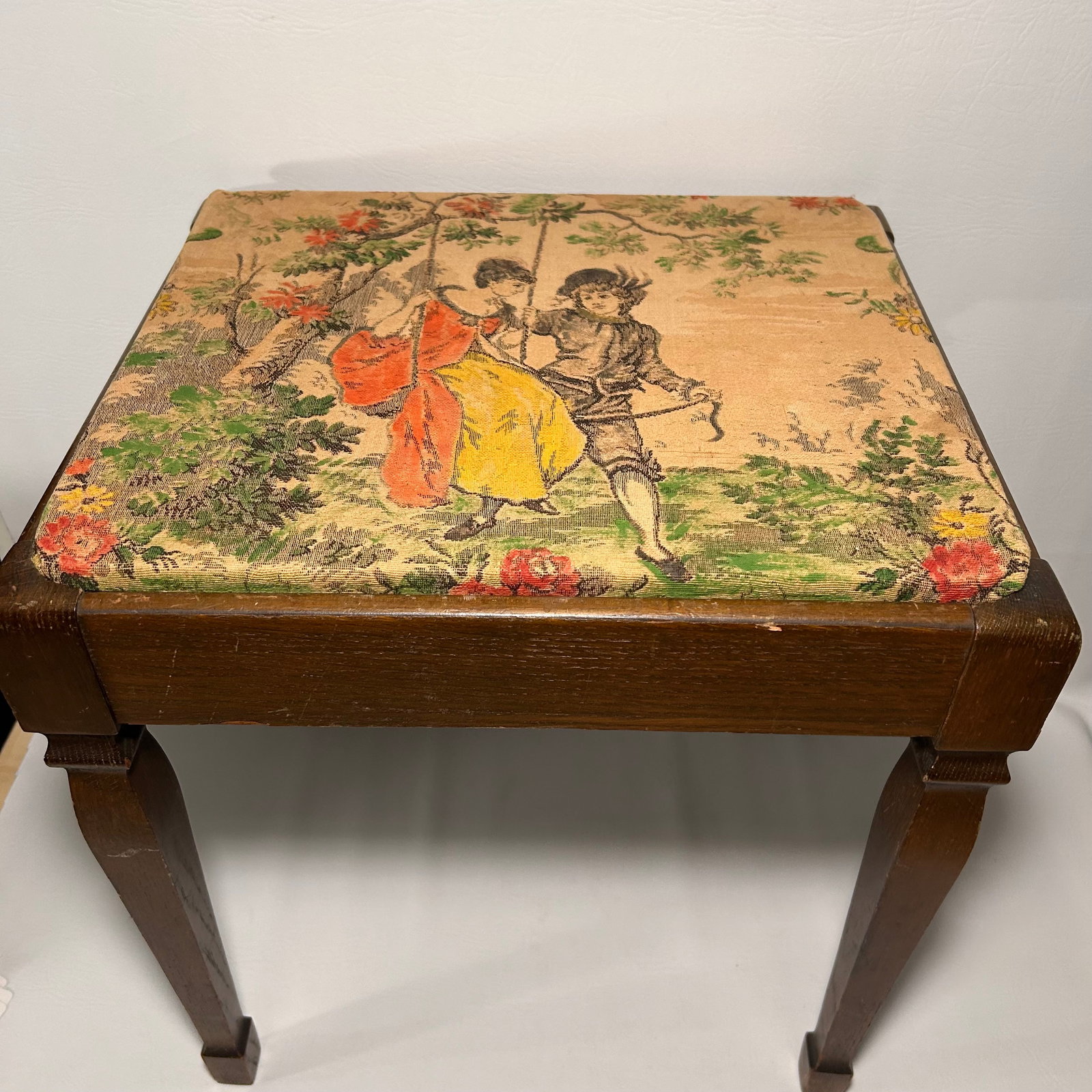 Antique French Tapestry Wooden Stool: W17.25in H18.5 D15