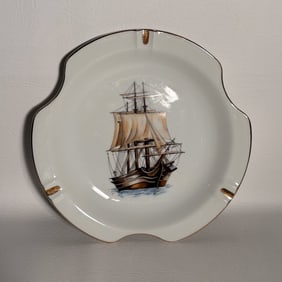 Vintage Large Ashtray with Ship Print, NORLEANS Japan Porcelain Dish with Gold trim