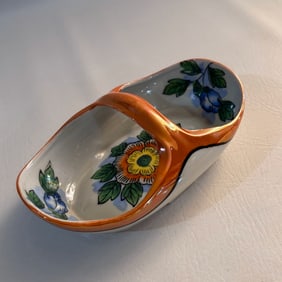 Antique Hand Painted Porcelain Candy Dish Basket Style with Orage Luster Glaze and Blue Flowers,