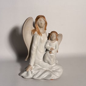 Rustic Pottery Angel Figurine Nuetral Color White Crackle Glaze