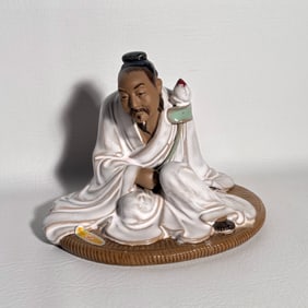 Shiwan Chinese Serene Robed Figure with Lotus Flower Mudman Pottery Figurine