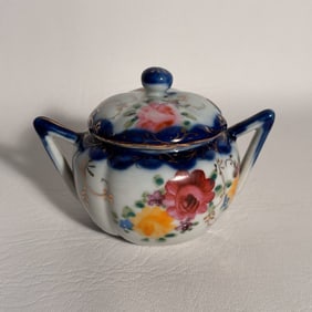 Antique 19th Century Hand Painted Sugar Dish Cobalt Blue Porcelaing with Gold and Colorful Flowers