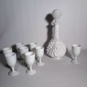 Vintage Imperial Milk Glass Wine/Cordial Decanter Set, 8 2oz Cups