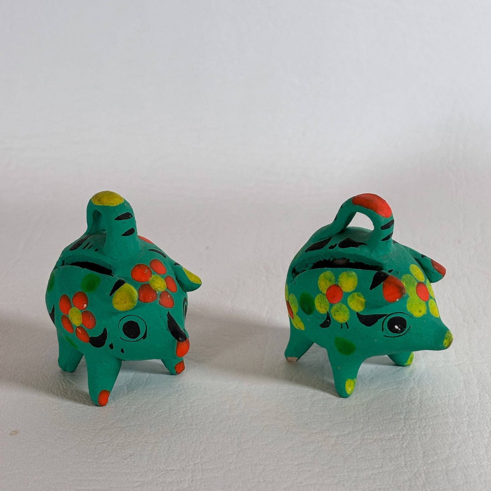 Miniature Mexican Painted Clay Piggy Banks: (2): W1.25in H2in H2in