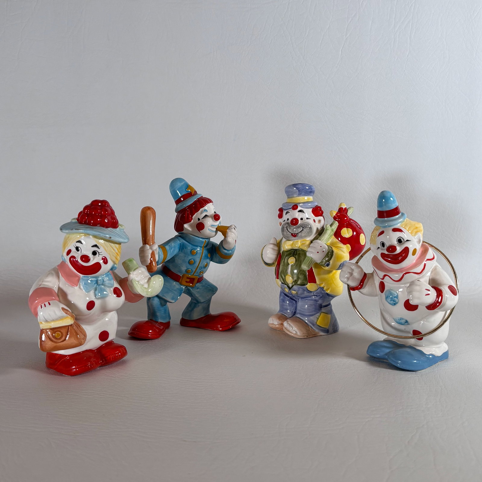Set of 4 Colorful Clowns: Policeman, Lady, Hula Hoop, and Vagabond Clown (1 of 3)