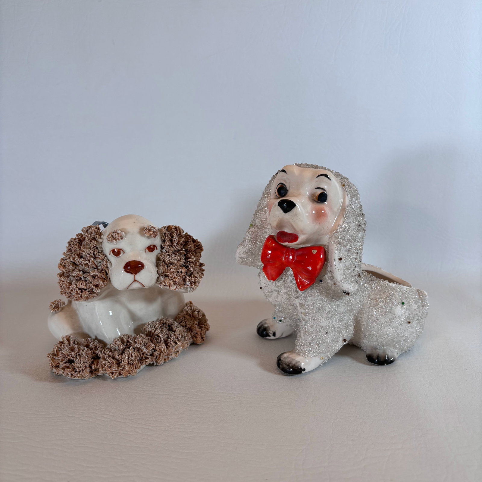 Funny Textured Ceramic Dog Figurine Pair: together: W8in H6in D6in