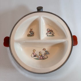 Vintage Divided Baby Food Warming Plate with Bakalite Handles, Majestic Products
