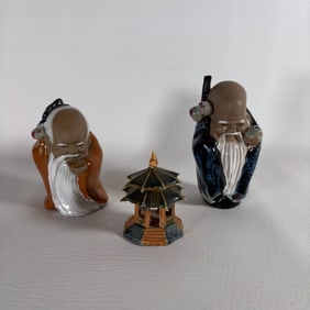 Vintage Chinese Shiwan Mud Man Figurine Pair with Mini Pagoda