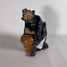 Vintage Shiwan Chinese Mud Man with Large Pot and Sword on Belt Statue