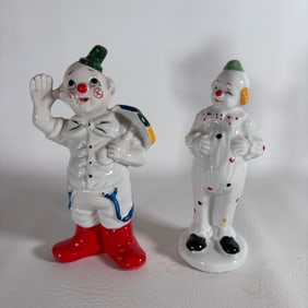 Two Ceramic Clown Figurines in Primary Colors