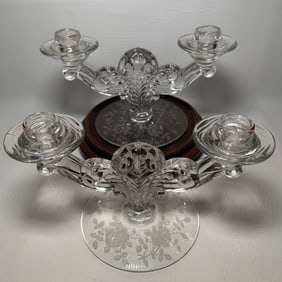 Vintage Rose Pattern Etched Candlestick Holder Pair