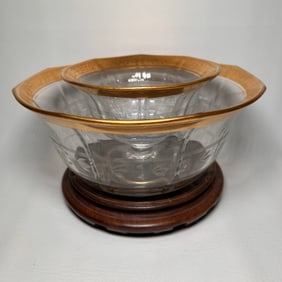 Mid Century Serving Bowl Pair with Etching and Gold Rim