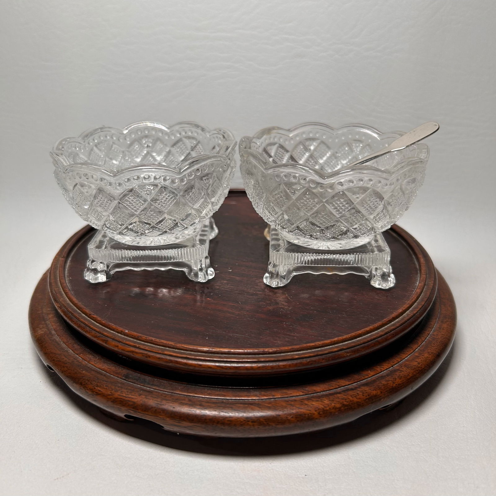 1980's AVON Fostoria Pressed Glass Salt Cellar Pair with Spoon (1 of 5)