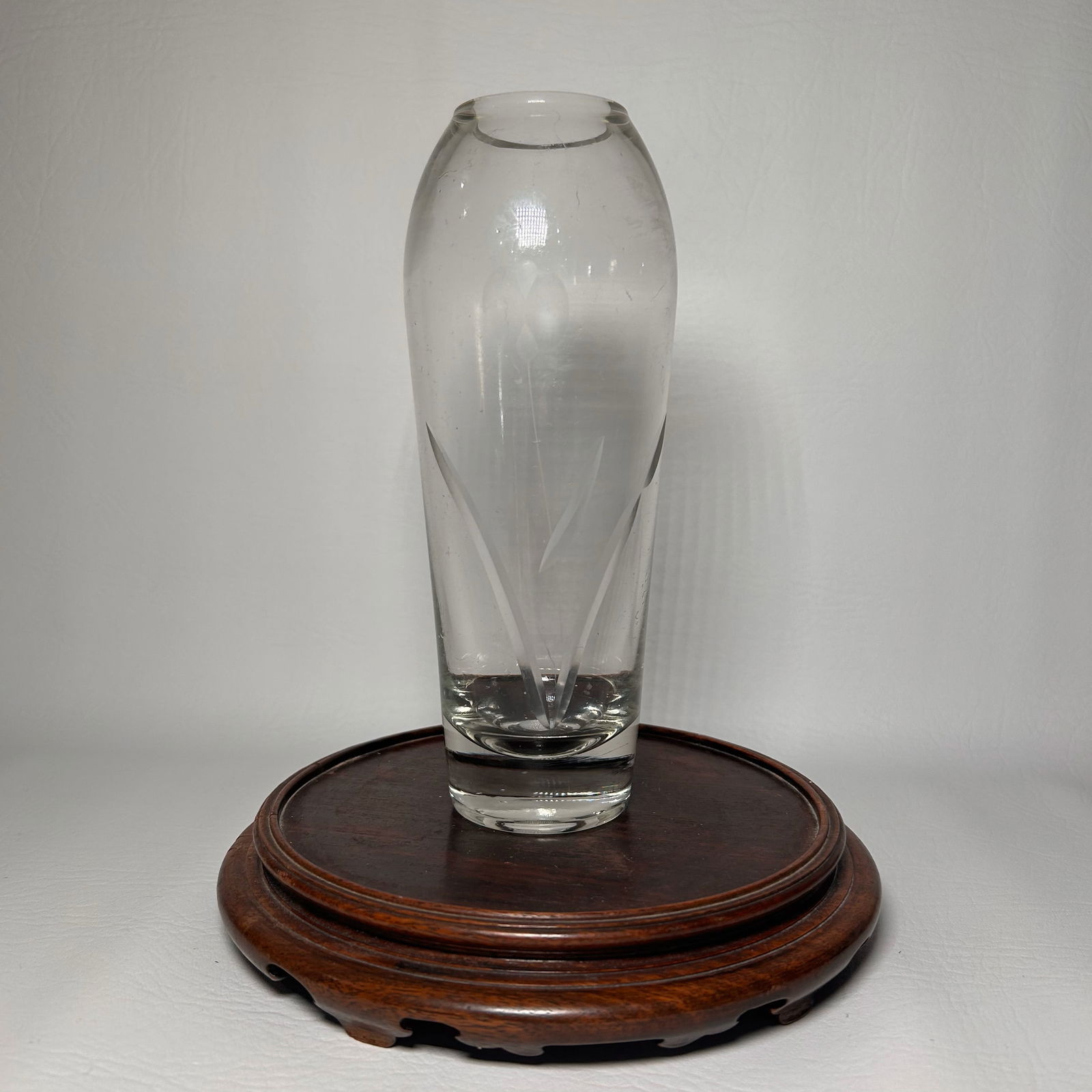 Hand Blown Glass Vase with Floral Etching: W3.25in H8in