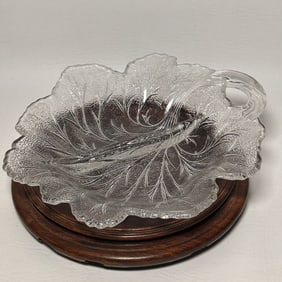 Vintage Indiana Glass Leaf Shaped, Divided Dish with Handle