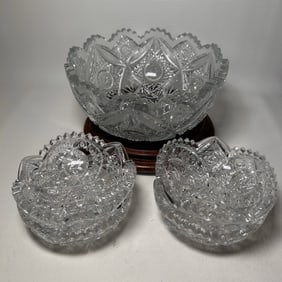Early 1900's Crystal Salad Serving Bowl with 4 Single Serve Bowls