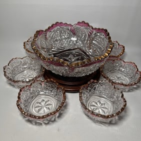 Antique Early American Pressed Glass Berry Set, Serving Bowl and 6 Individual Bowls