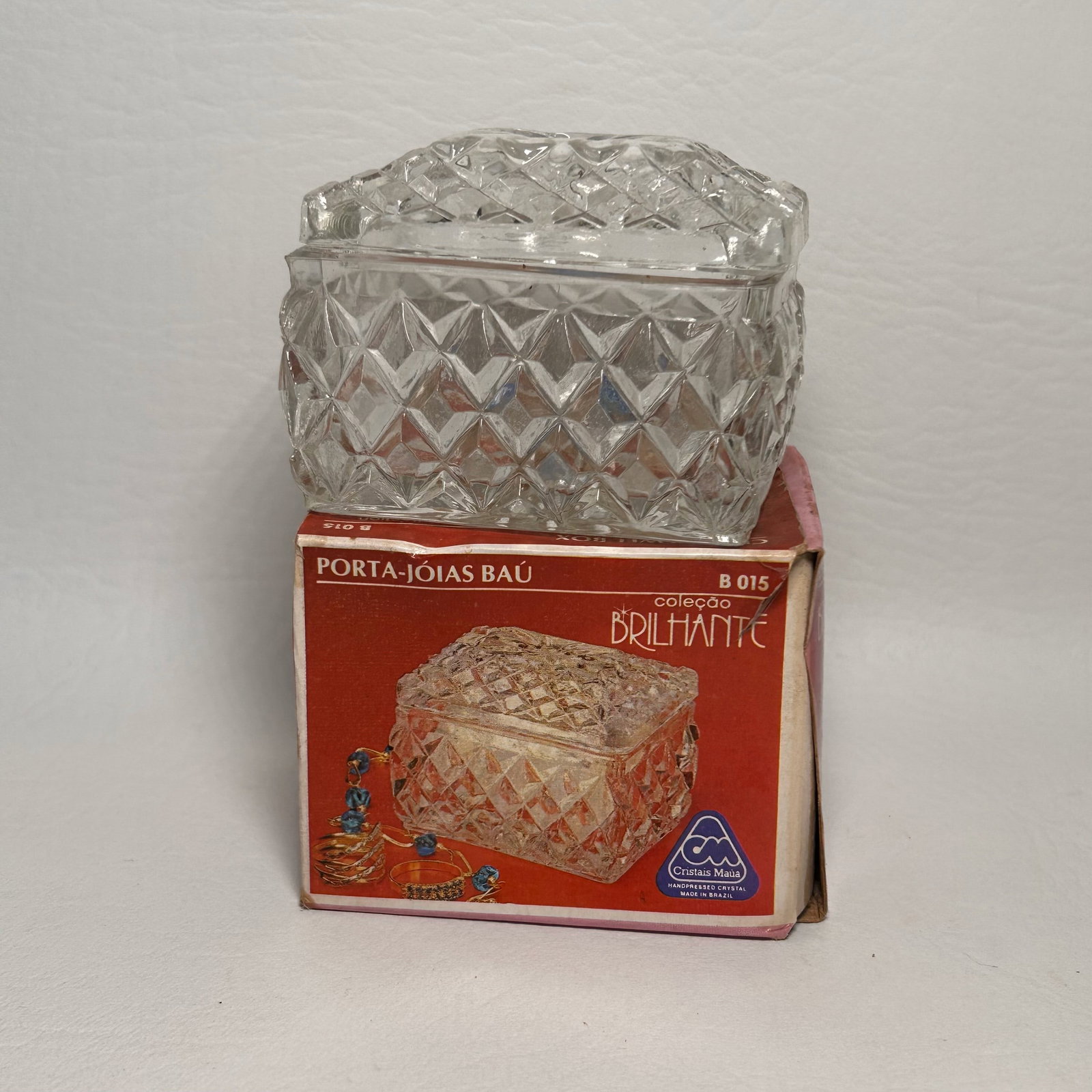 Vintage Crystal Trinket Box in Original Packaging, BRAZIL: W2.75in H2.25in D2in